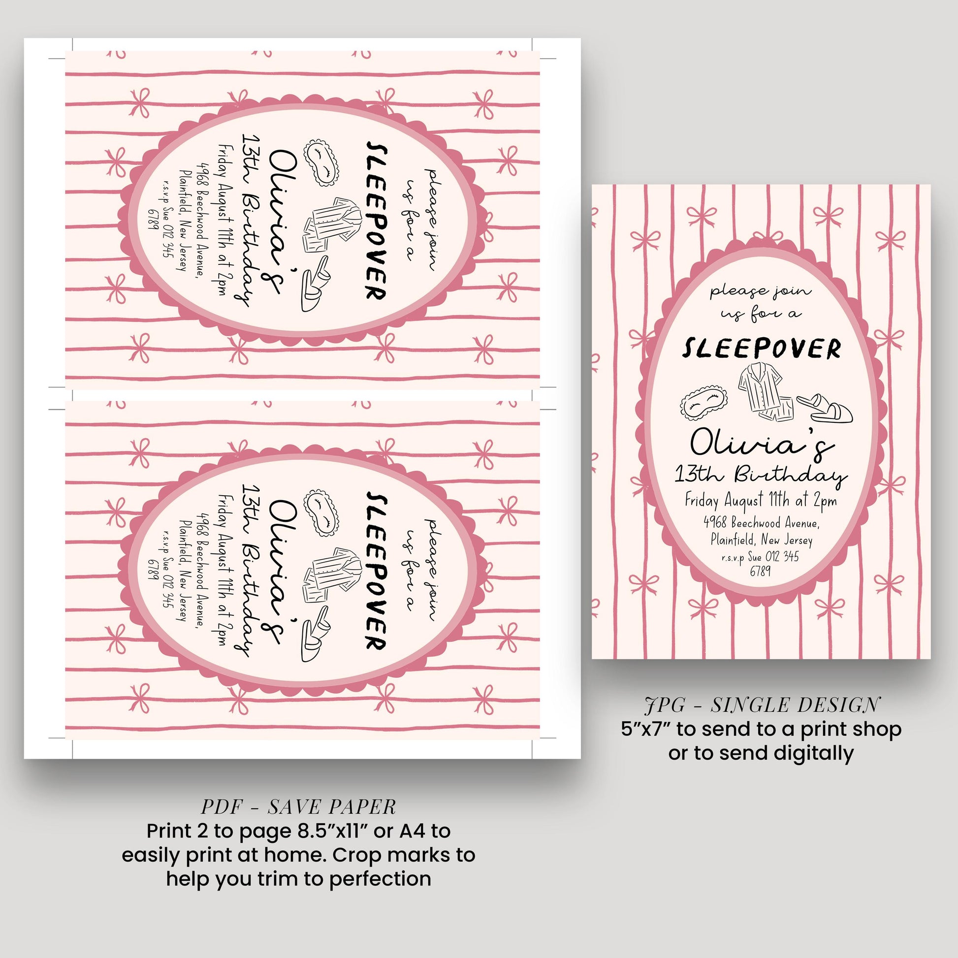 Sleepover Birthday Invitation Girl, 13th Birthday Slumber Party Invite, Pink Bow Pajama Party Invite, Editable Corjl Template