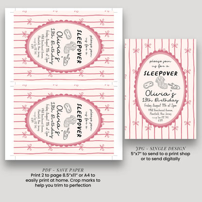 Sleepover Birthday Invitation Girl, 13th Birthday Slumber Party Invite, Pink Bow Pajama Party Invite, Editable Corjl Template