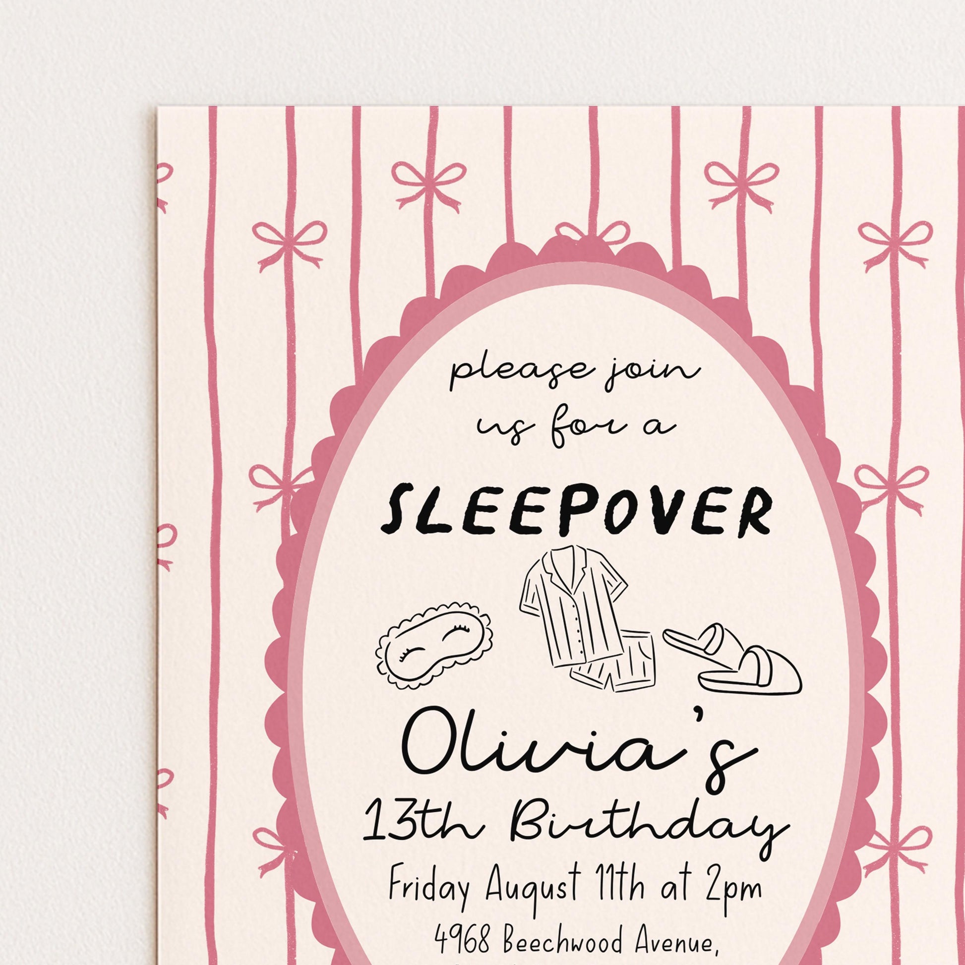 Sleepover Birthday Invitation Girl, 13th Birthday Slumber Party Invite, Pink Bow Pajama Party Invite, Editable Corjl Template