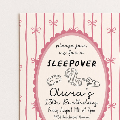 Sleepover Birthday Invitation Girl, 13th Birthday Slumber Party Invite, Pink Bow Pajama Party Invite, Editable Corjl Template