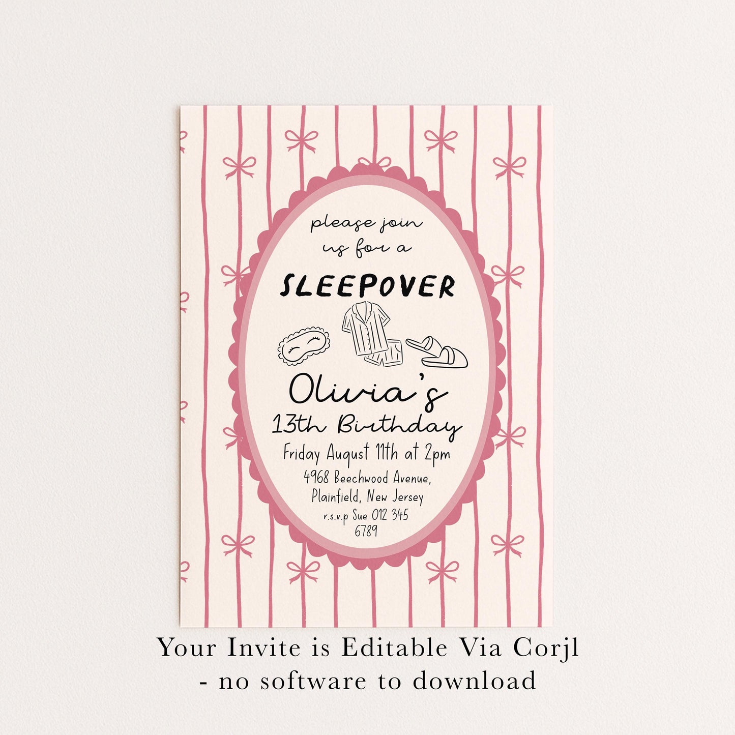 Sleepover Birthday Invitation Girl, 13th Birthday Slumber Party Invite, Pink Bow Pajama Party Invite, Editable Corjl Template