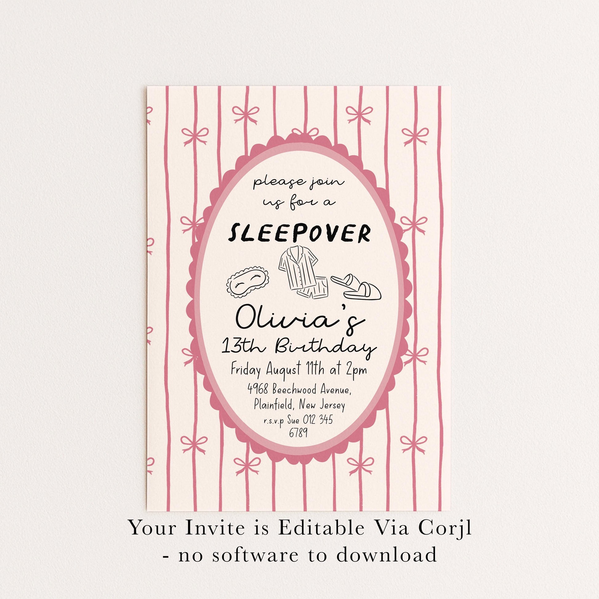 Sleepover Birthday Invitation Girl, 13th Birthday Slumber Party Invite, Pink Bow Pajama Party Invite, Editable Corjl Template