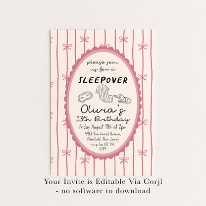 Sleepover Birthday Invitation Girl, 13th Birthday Slumber Party Invite, Pink Bow Pajama Party Invite, Editable Corjl Template