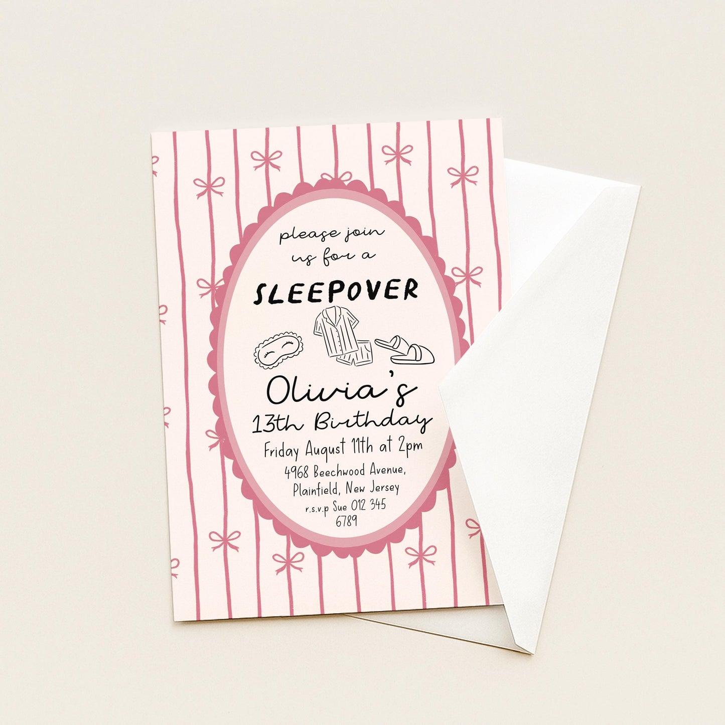 Sleepover Birthday Invitation Girl, 13th Birthday Slumber Party Invite, Pink Bow Pajama Party Invite, Editable Corjl Template