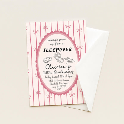 Sleepover Birthday Invitation Girl, 13th Birthday Slumber Party Invite, Pink Bow Pajama Party Invite, Editable Corjl Template