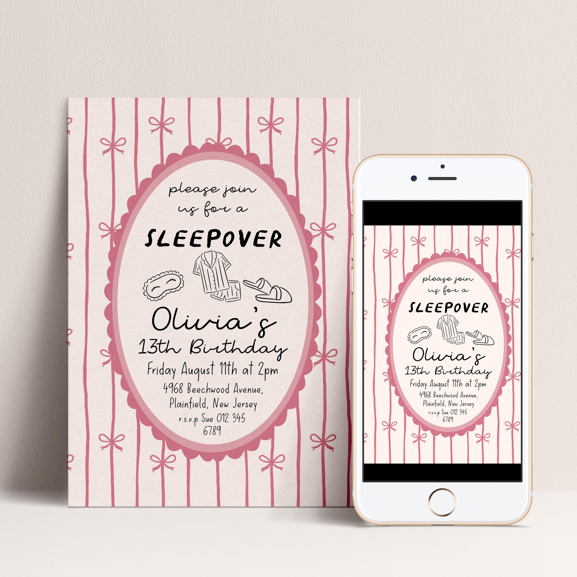Sleepover Birthday Invitation Girl, 13th Birthday Slumber Party Invite, Pink Bow Pajama Party Invite, Editable Corjl Template