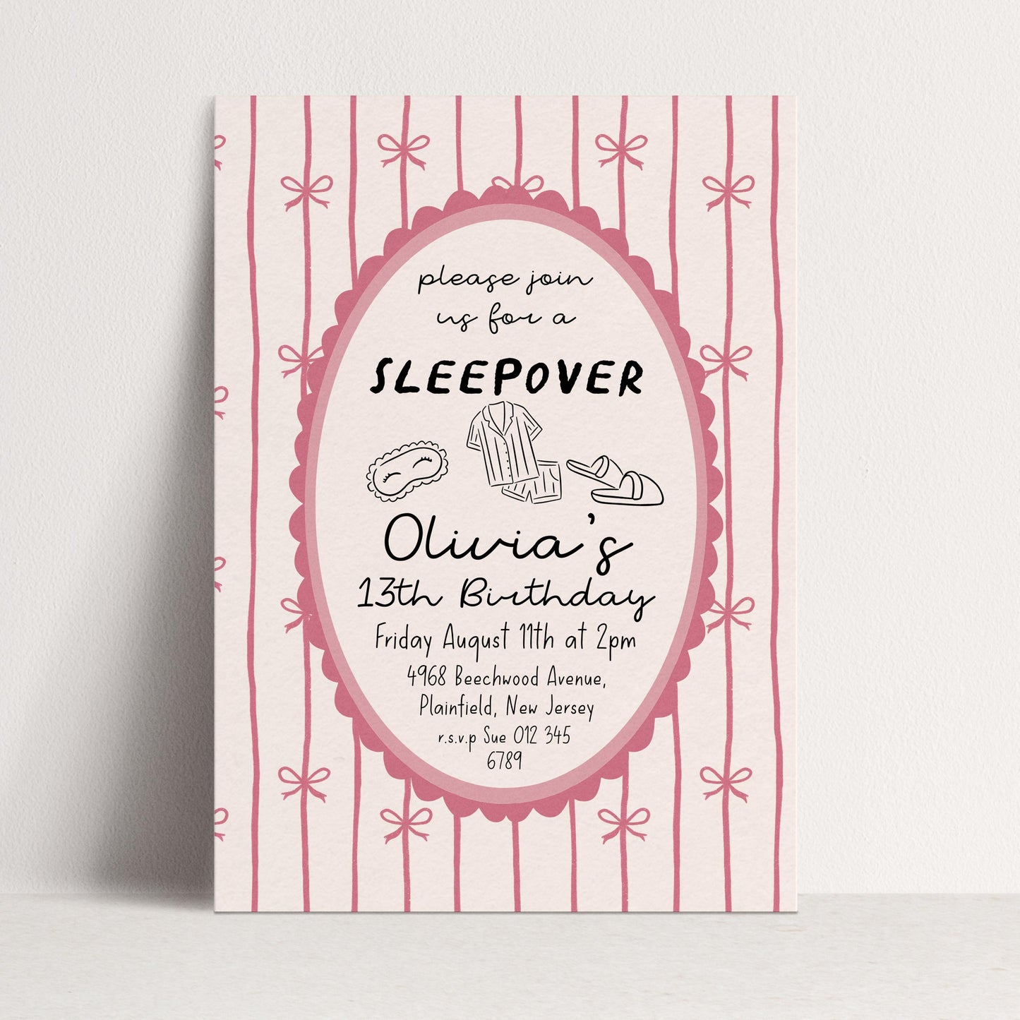Sleepover Birthday Invitation Girl, 13th Birthday Slumber Party Invite, Pink Bow Pajama Party Invite, Editable Corjl Template