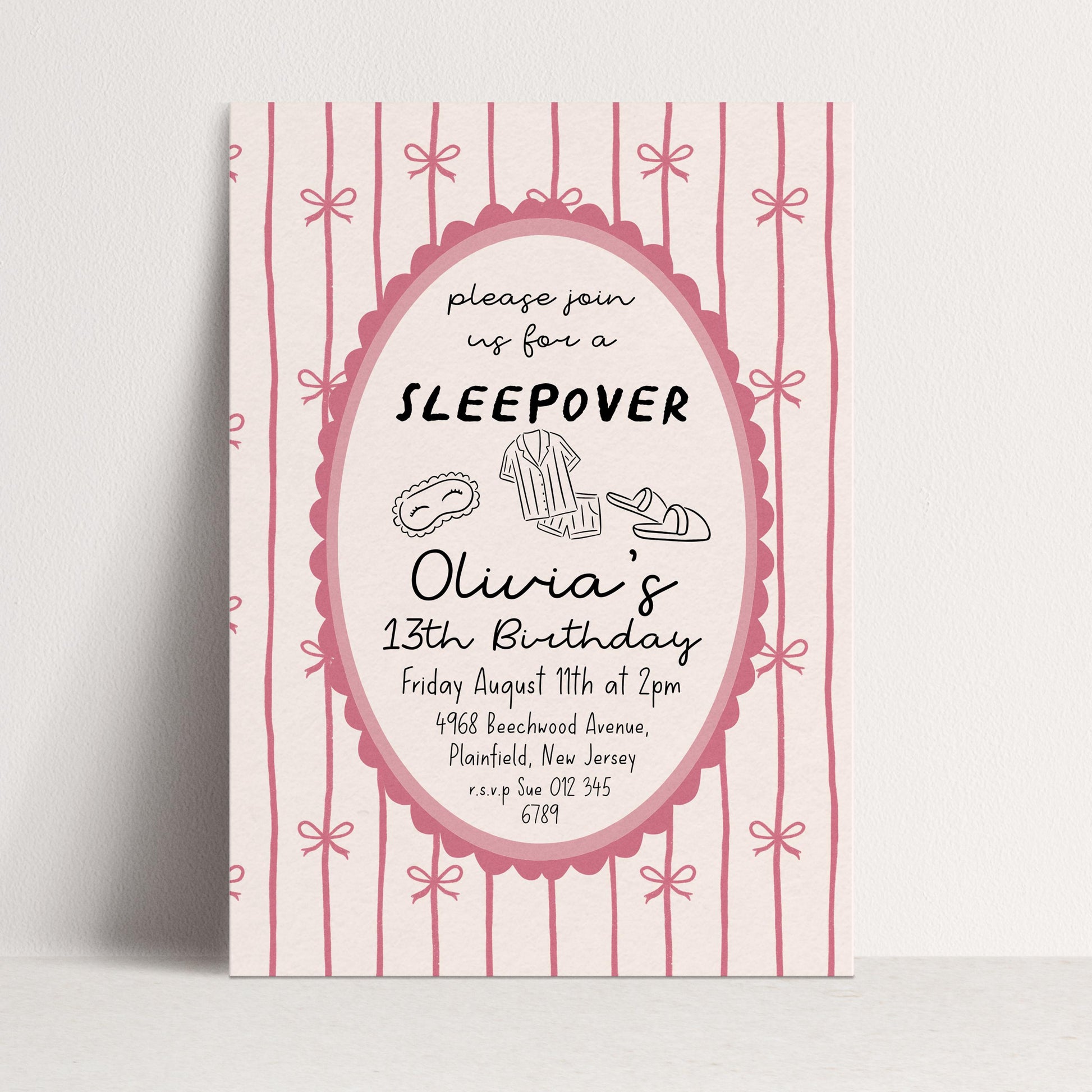 Sleepover Birthday Invitation Girl, 13th Birthday Slumber Party Invite, Pink Bow Pajama Party Invite, Editable Corjl Template