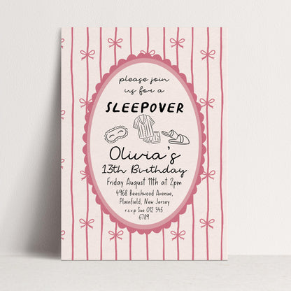 Sleepover Birthday Invitation Girl, 13th Birthday Slumber Party Invite, Pink Bow Pajama Party Invite, Editable Corjl Template