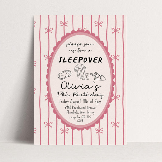 Sleepover Birthday Invitation Girl, 13th Birthday Slumber Party Invite, Pink Bow Pajama Party Invite, Editable Corjl Template