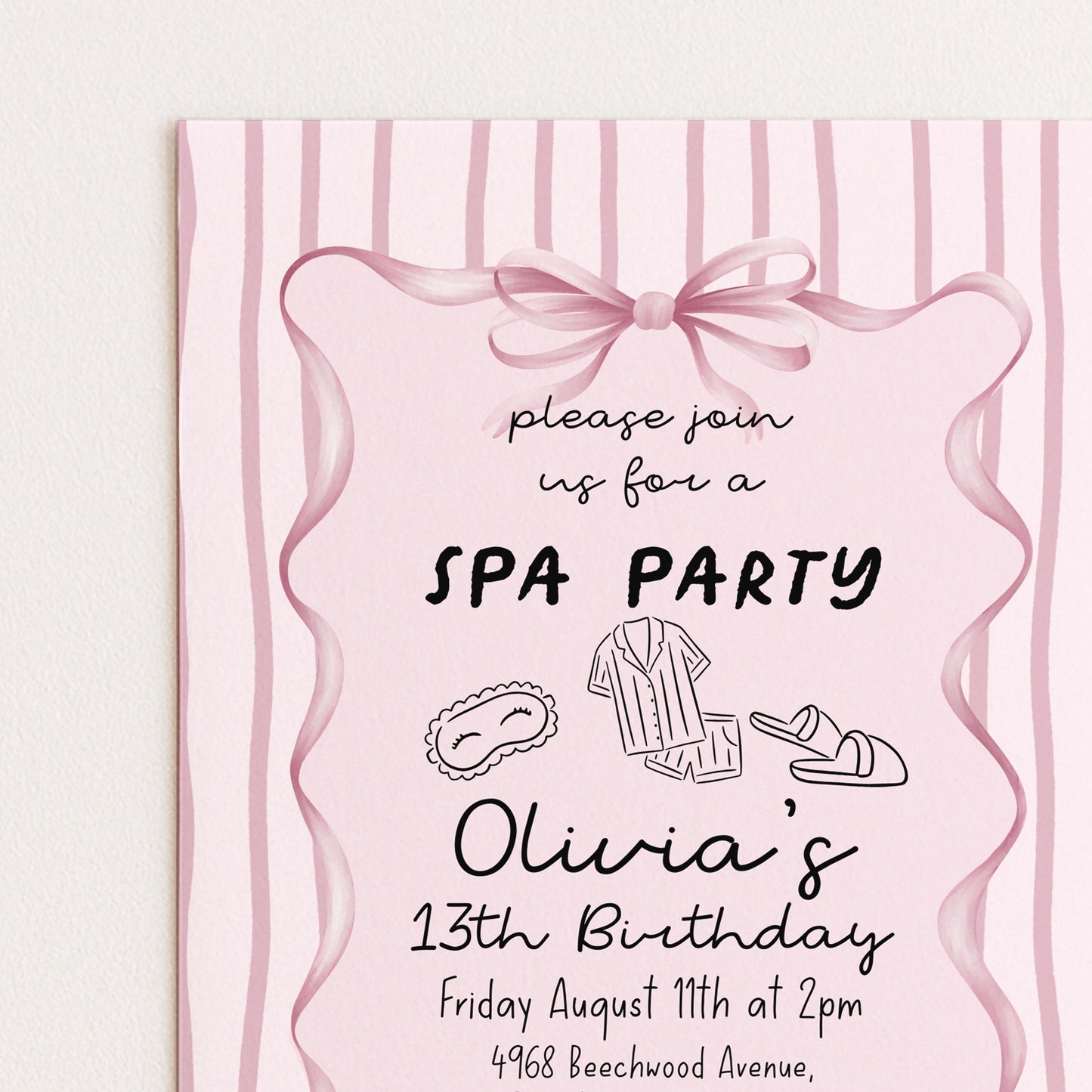 Spa Party Birthday Invitation, 13th Birthday Invite Girl, Pink Sleepover Invite, Teen Pamper Party, Editable Corjl Template