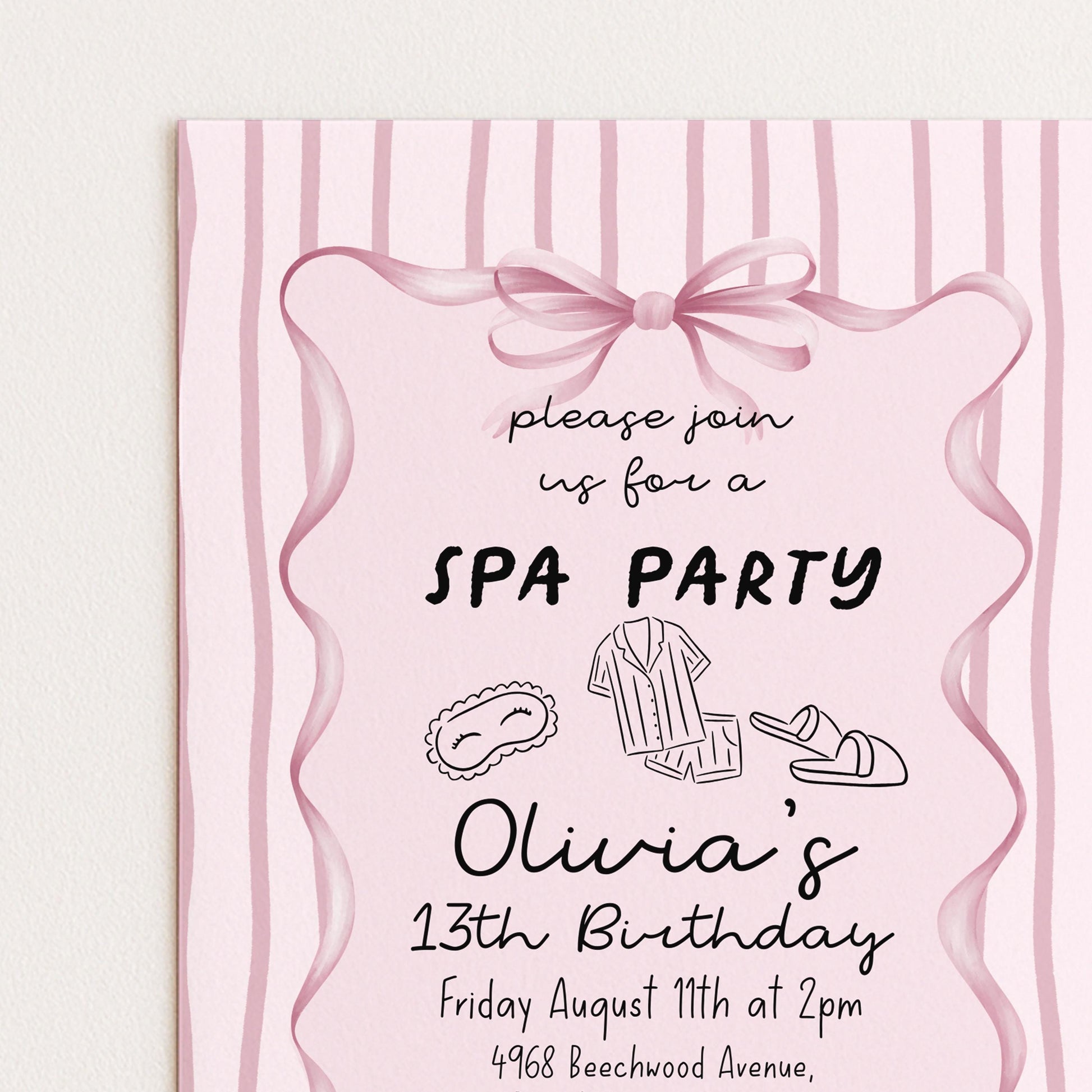 Spa Party Birthday Invitation, 13th Birthday Invite Girl, Pink Sleepover Invite, Teen Pamper Party, Editable Corjl Template