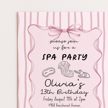 Spa Party Birthday Invitation, 13th Birthday Invite Girl, Pink Sleepover Invite, Teen Pamper Party, Editable Corjl Template
