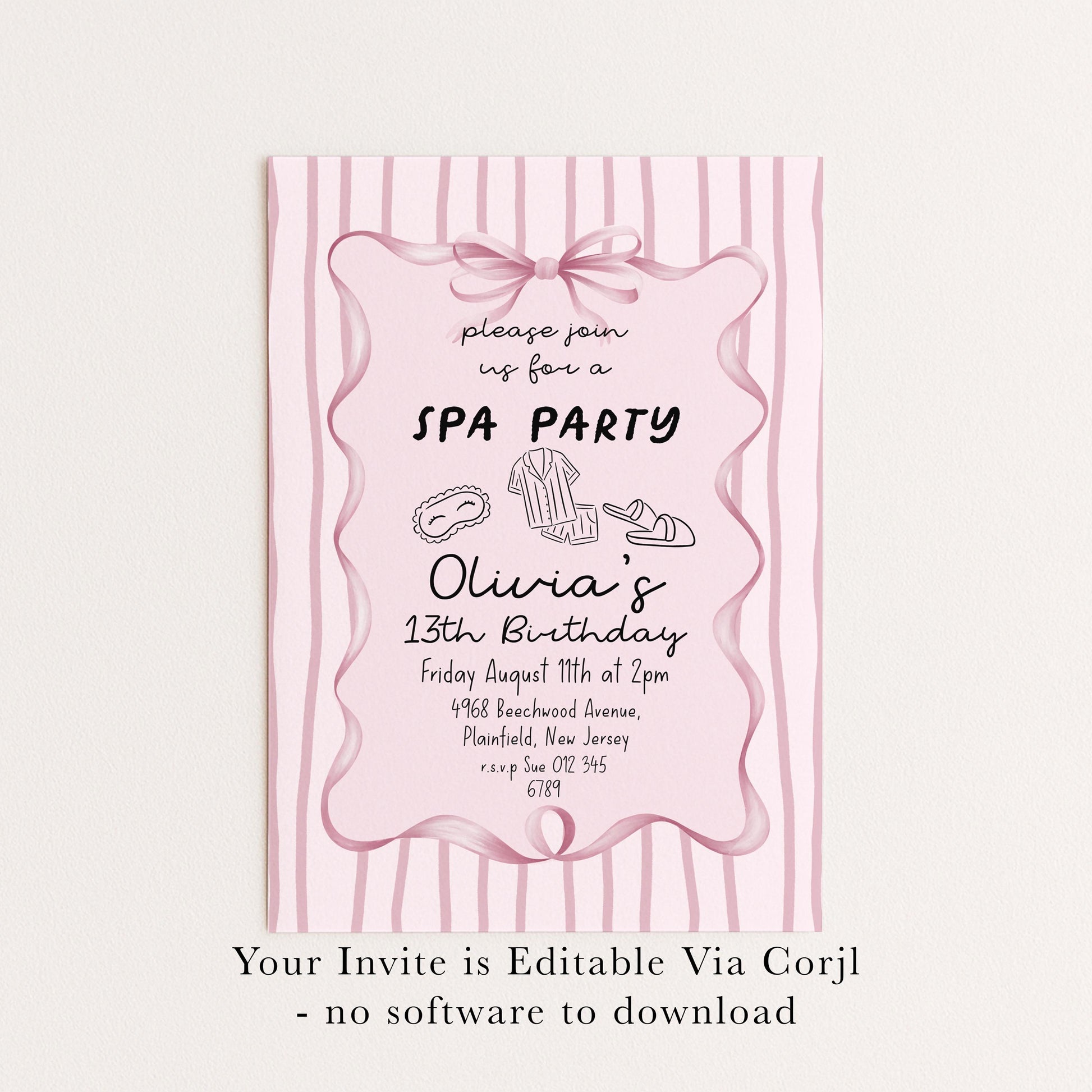 Spa Party Birthday Invitation, 13th Birthday Invite Girl, Pink Sleepover Invite, Teen Pamper Party, Editable Corjl Template