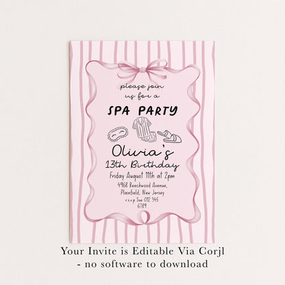 Spa Party Birthday Invitation, 13th Birthday Invite Girl, Pink Sleepover Invite, Teen Pamper Party, Editable Corjl Template