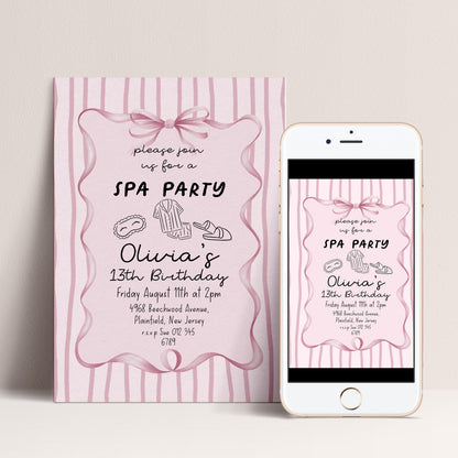 Spa Party Birthday Invitation, 13th Birthday Invite Girl, Pink Sleepover Invite, Teen Pamper Party, Editable Corjl Template