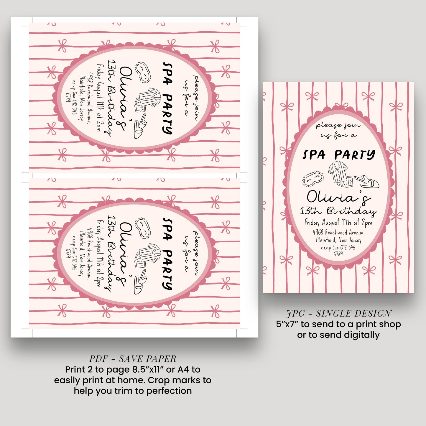 Spa Party Birthday Invitation Girl, 13th Birthday Spa Invite, Pink Bow Party Invite, Sleepover Pamper Party Editable Corjl