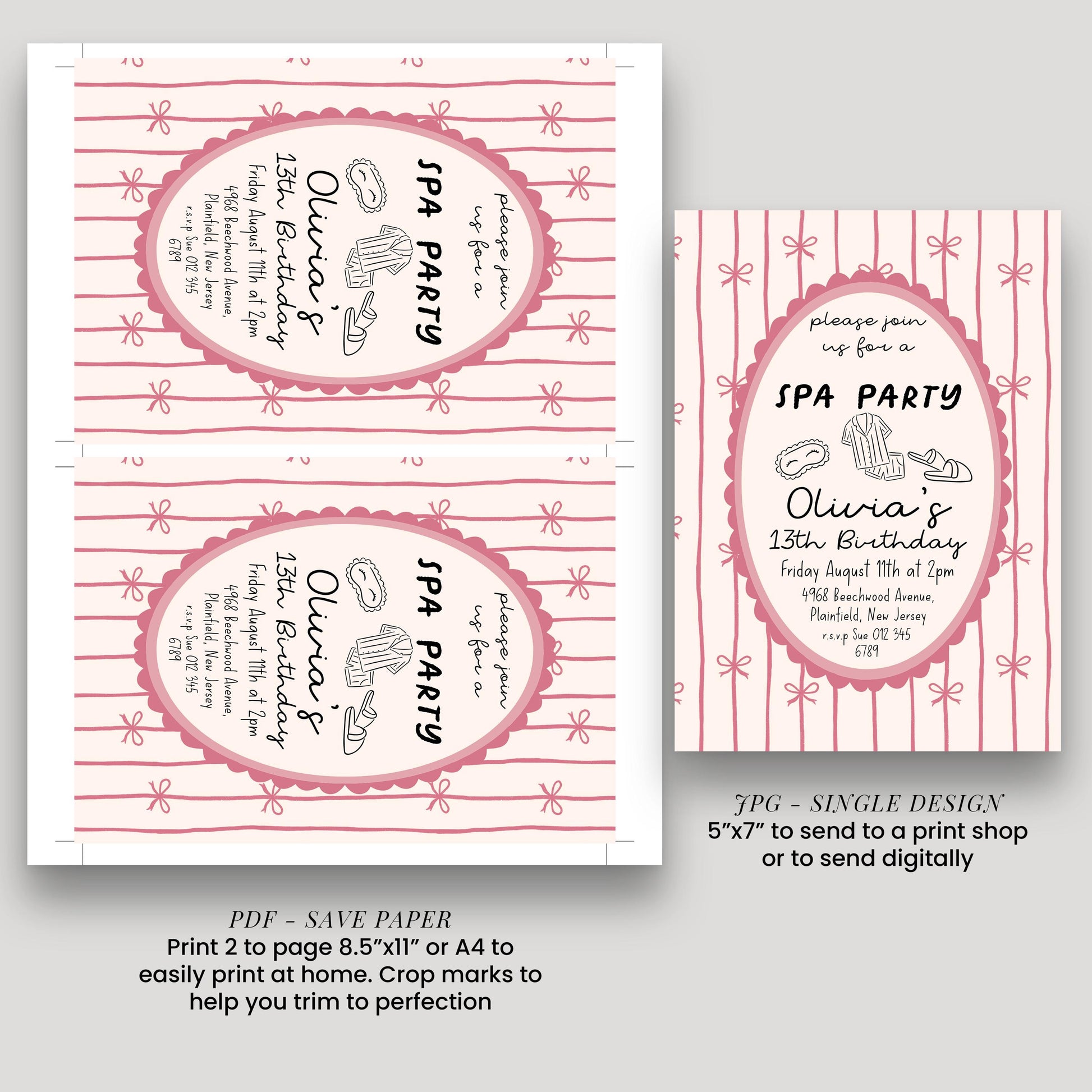 Spa Party Birthday Invitation Girl, 13th Birthday Spa Invite, Pink Bow Party Invite, Sleepover Pamper Party Editable Corjl