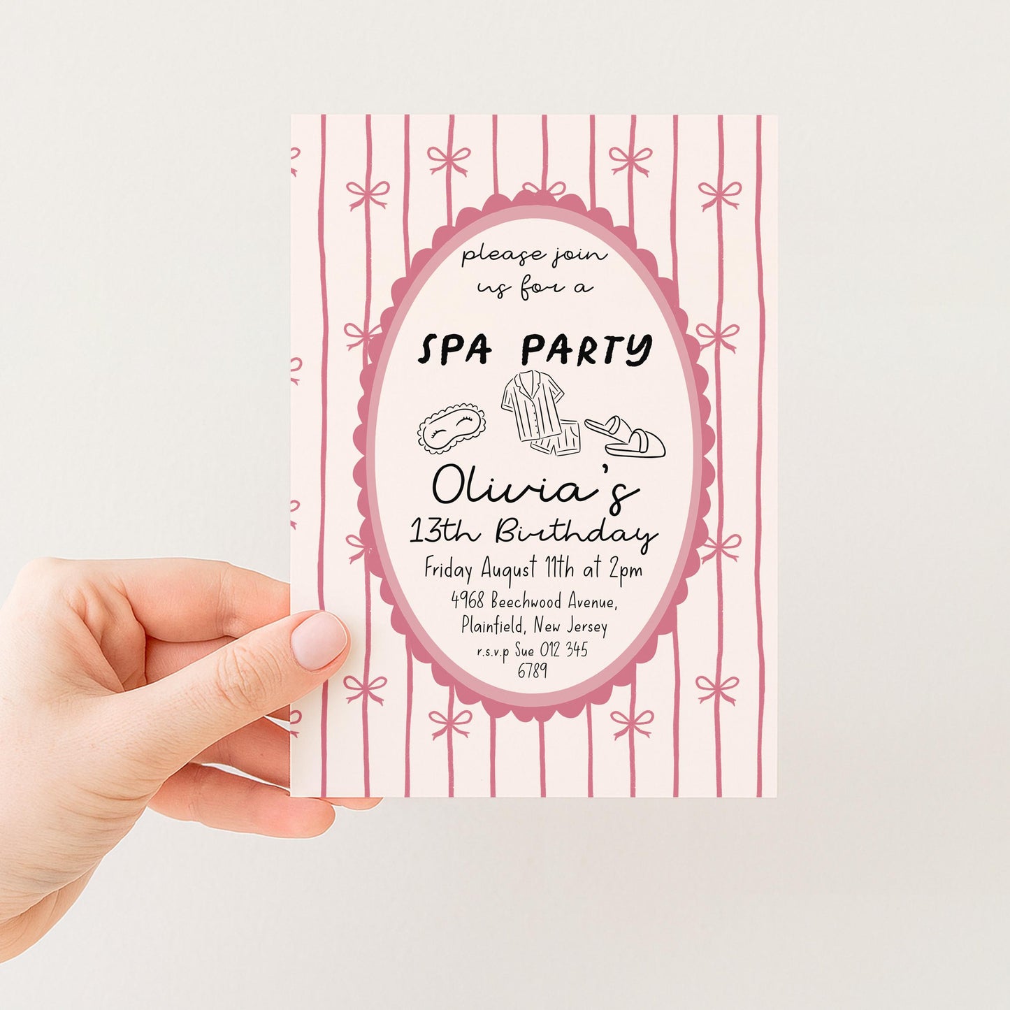 Spa Party Birthday Invitation Girl, 13th Birthday Spa Invite, Pink Bow Party Invite, Sleepover Pamper Party Editable Corjl