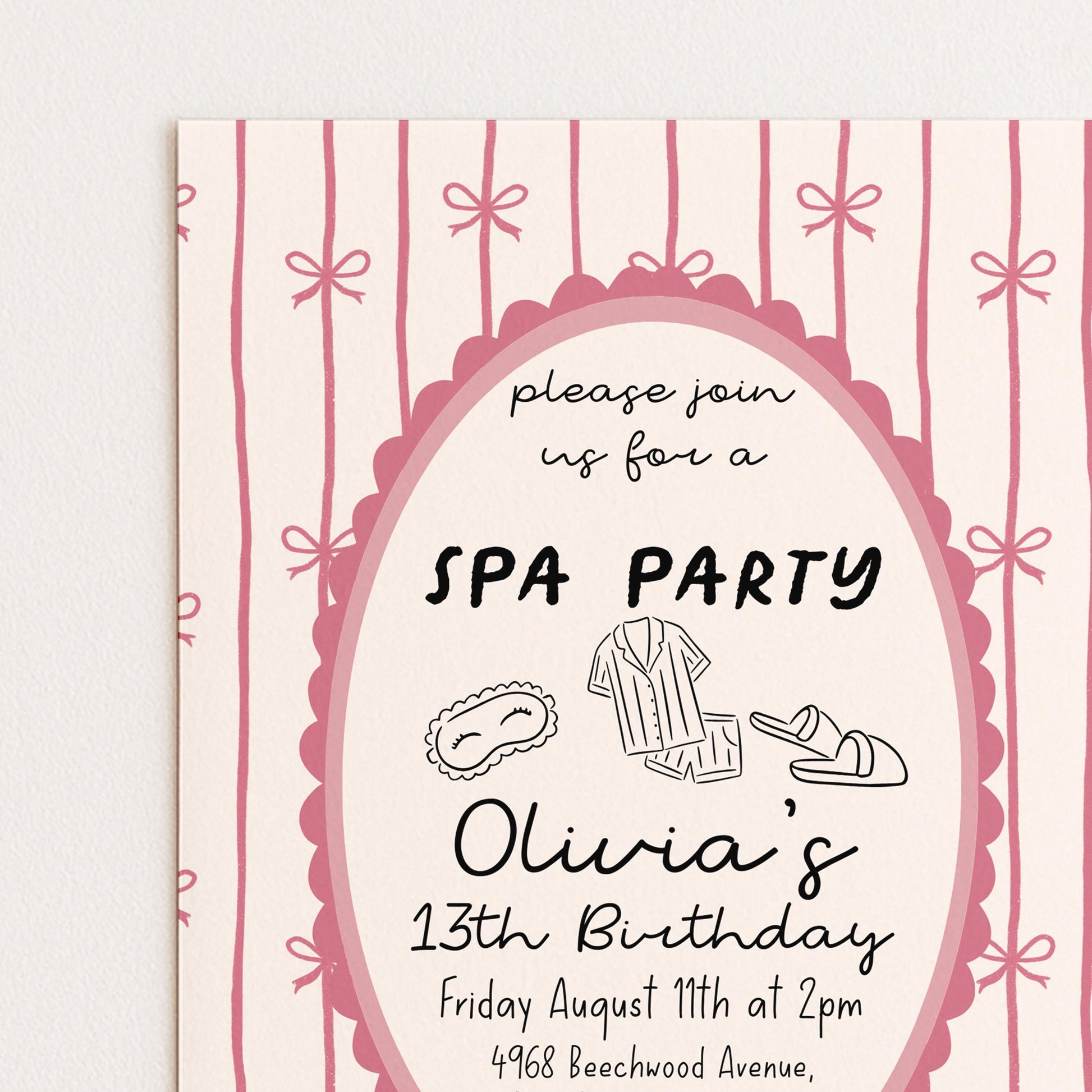 Spa Party Birthday Invitation Girl, 13th Birthday Spa Invite, Pink Bow Party Invite, Sleepover Pamper Party Editable Corjl