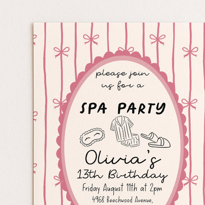 Spa Party Birthday Invitation Girl, 13th Birthday Spa Invite, Pink Bow Party Invite, Sleepover Pamper Party Editable Corjl
