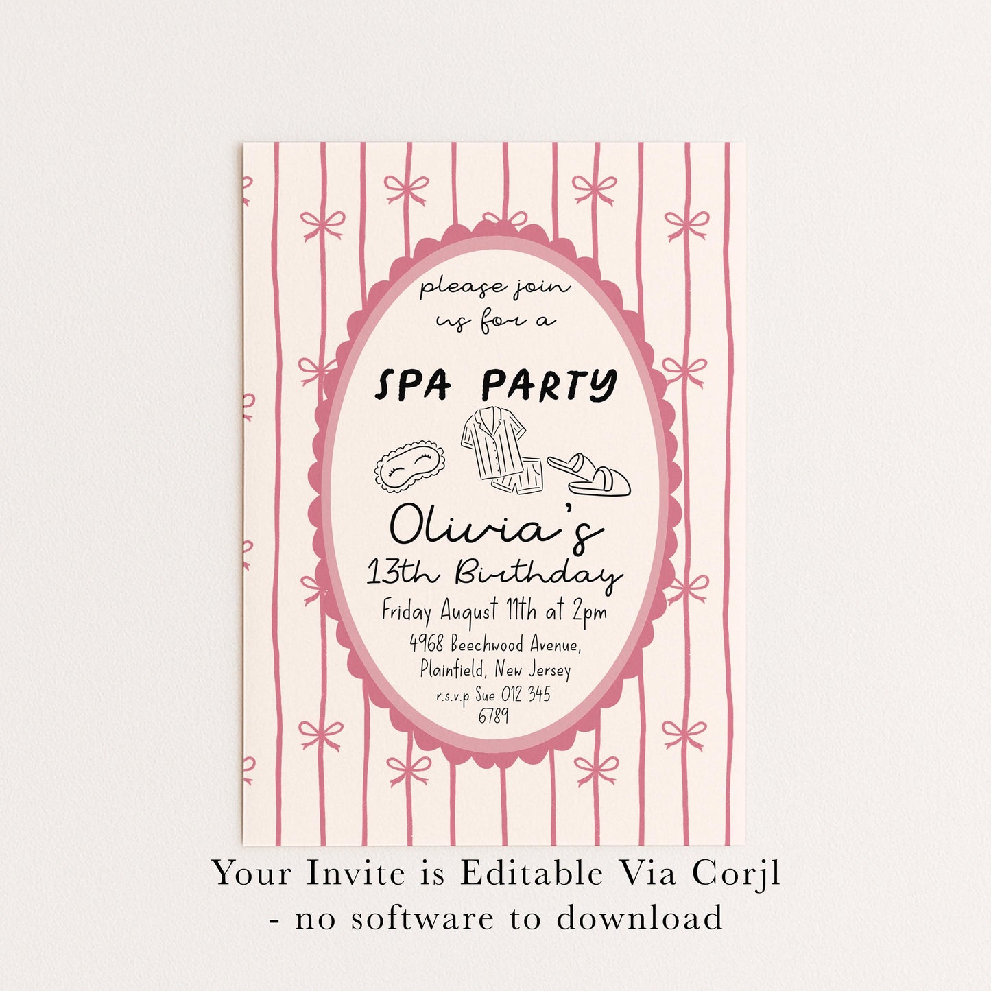 Spa Party Birthday Invitation Girl, 13th Birthday Spa Invite, Pink Bow Party Invite, Sleepover Pamper Party Editable Corjl