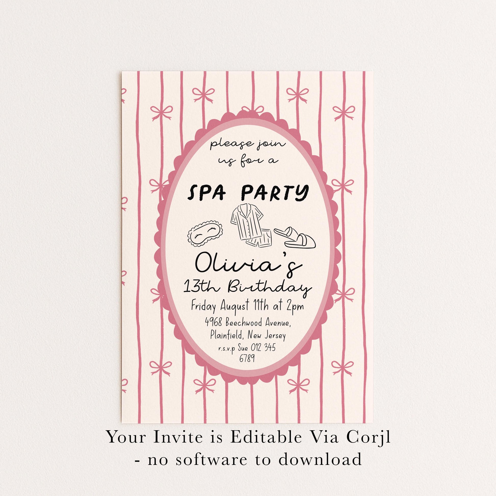 Spa Party Birthday Invitation Girl, 13th Birthday Spa Invite, Pink Bow Party Invite, Sleepover Pamper Party Editable Corjl