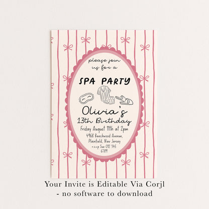 Spa Party Birthday Invitation Girl, 13th Birthday Spa Invite, Pink Bow Party Invite, Sleepover Pamper Party Editable Corjl