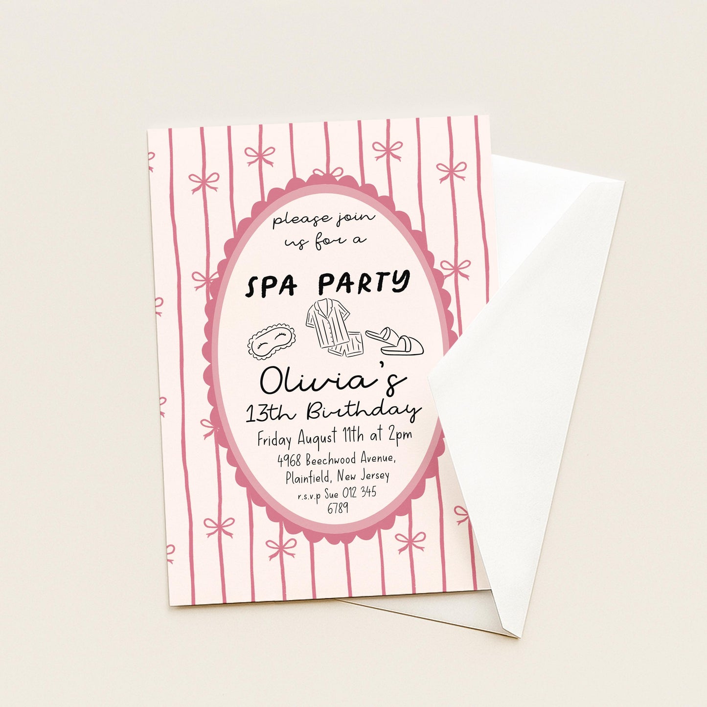 Spa Party Birthday Invitation Girl, 13th Birthday Spa Invite, Pink Bow Party Invite, Sleepover Pamper Party Editable Corjl