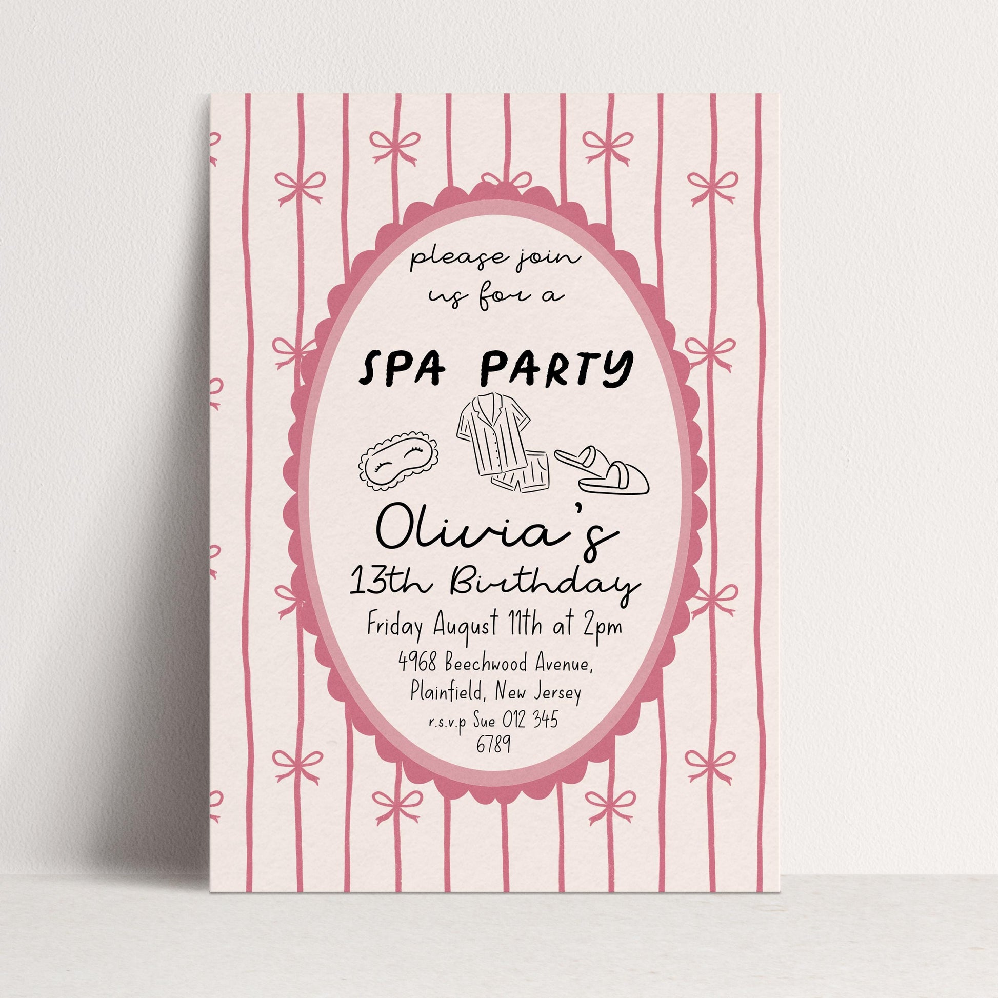 Spa Party Birthday Invitation Girl, 13th Birthday Spa Invite, Pink Bow Party Invite, Sleepover Pamper Party Editable Corjl