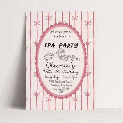 Spa Party Birthday Invitation Girl, 13th Birthday Spa Invite, Pink Bow Party Invite, Sleepover Pamper Party Editable Corjl