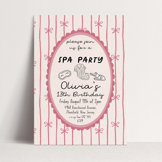 Spa Party Birthday Invitation Girl, 13th Birthday Spa Invite, Pink Bow Party Invite, Sleepover Pamper Party Editable Corjl