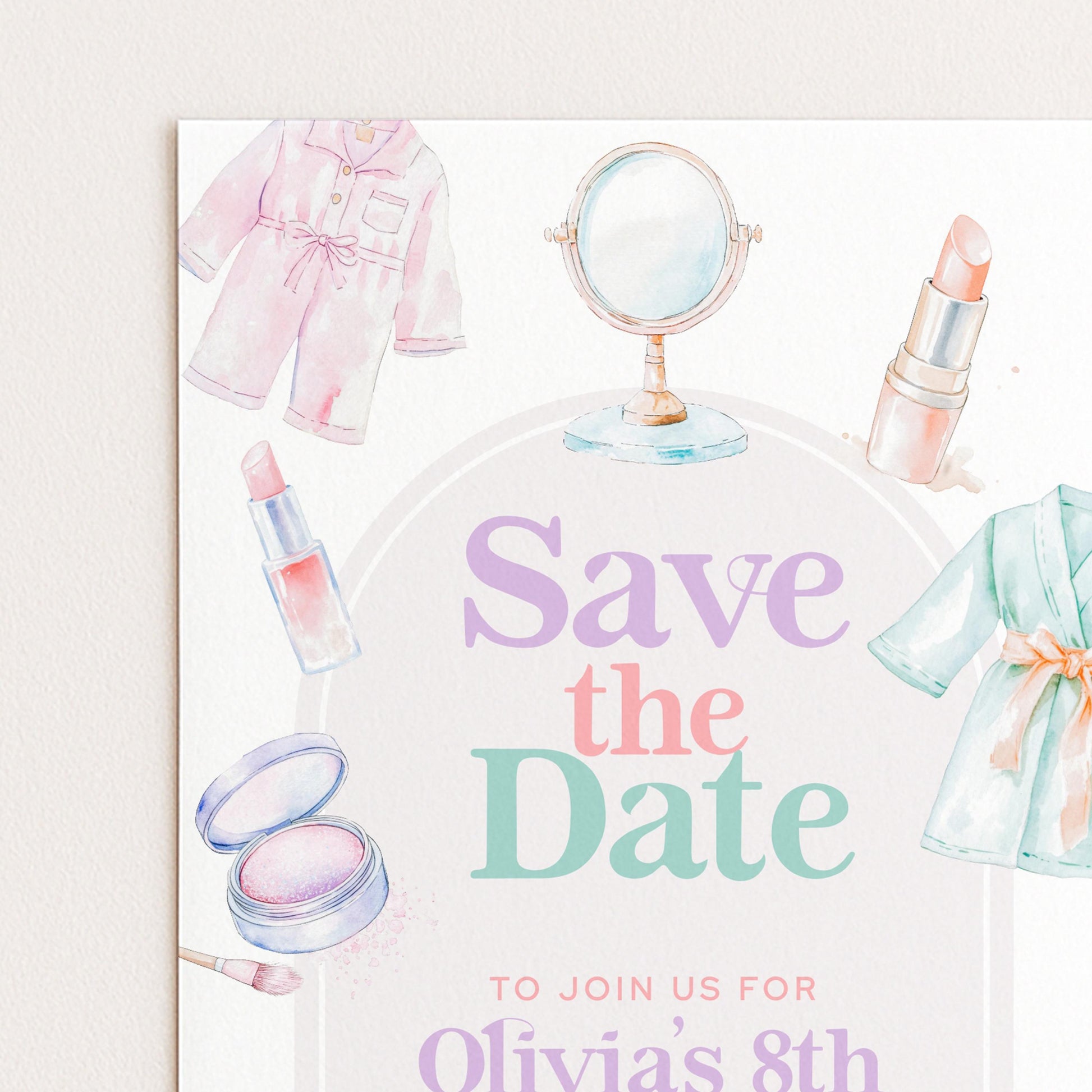 Spa Party Save the Date for Girls – Editable 8th Birthday Card with Watercolor Robes, Makeup & Relaxing Pastel Spa Theme
