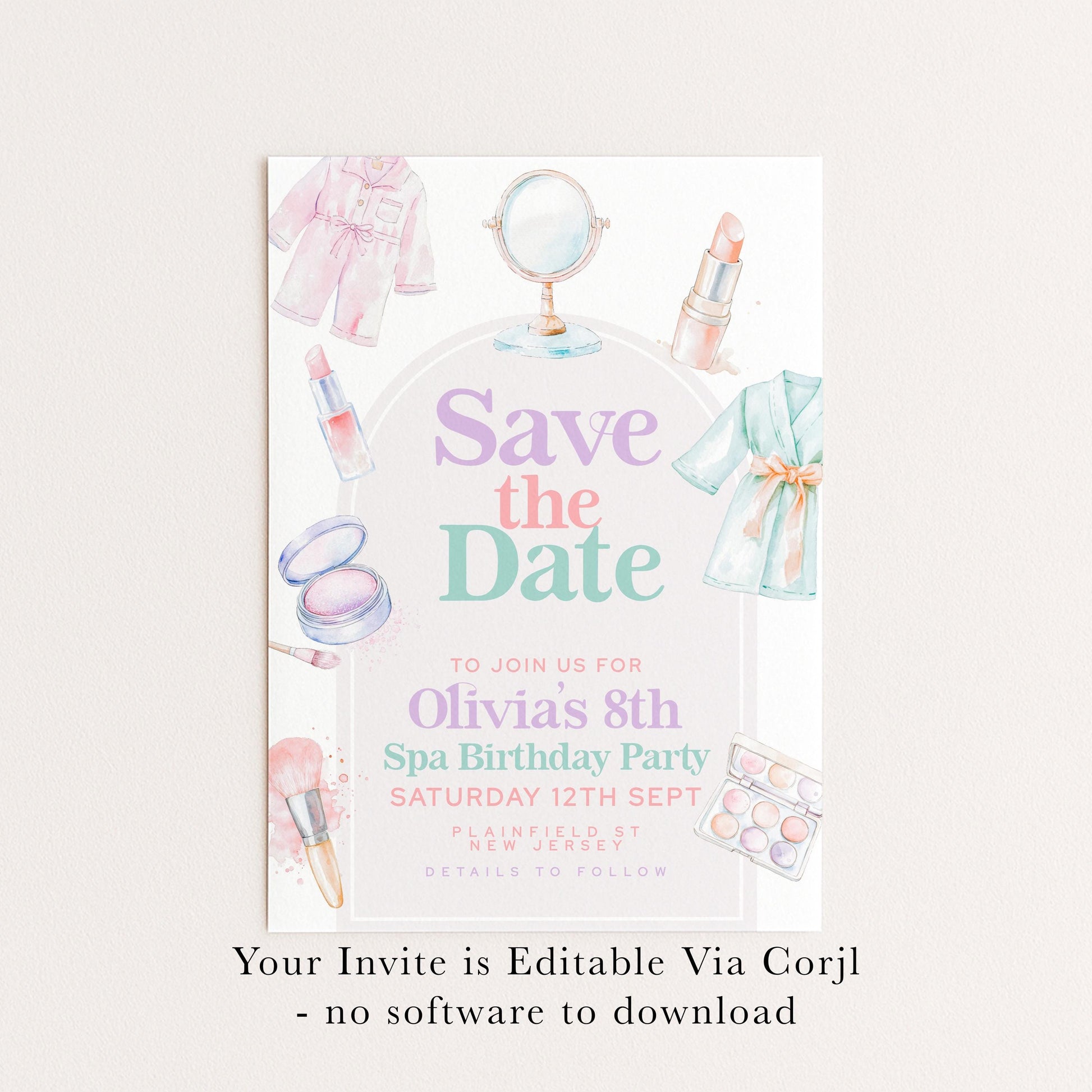 Spa Party Save the Date for Girls – Editable 8th Birthday Card with Watercolor Robes, Makeup & Relaxing Pastel Spa Theme