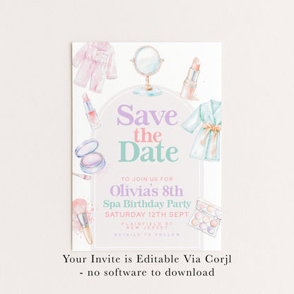 Spa Party Save the Date for Girls – Editable 8th Birthday Card with Watercolor Robes, Makeup & Relaxing Pastel Spa Theme