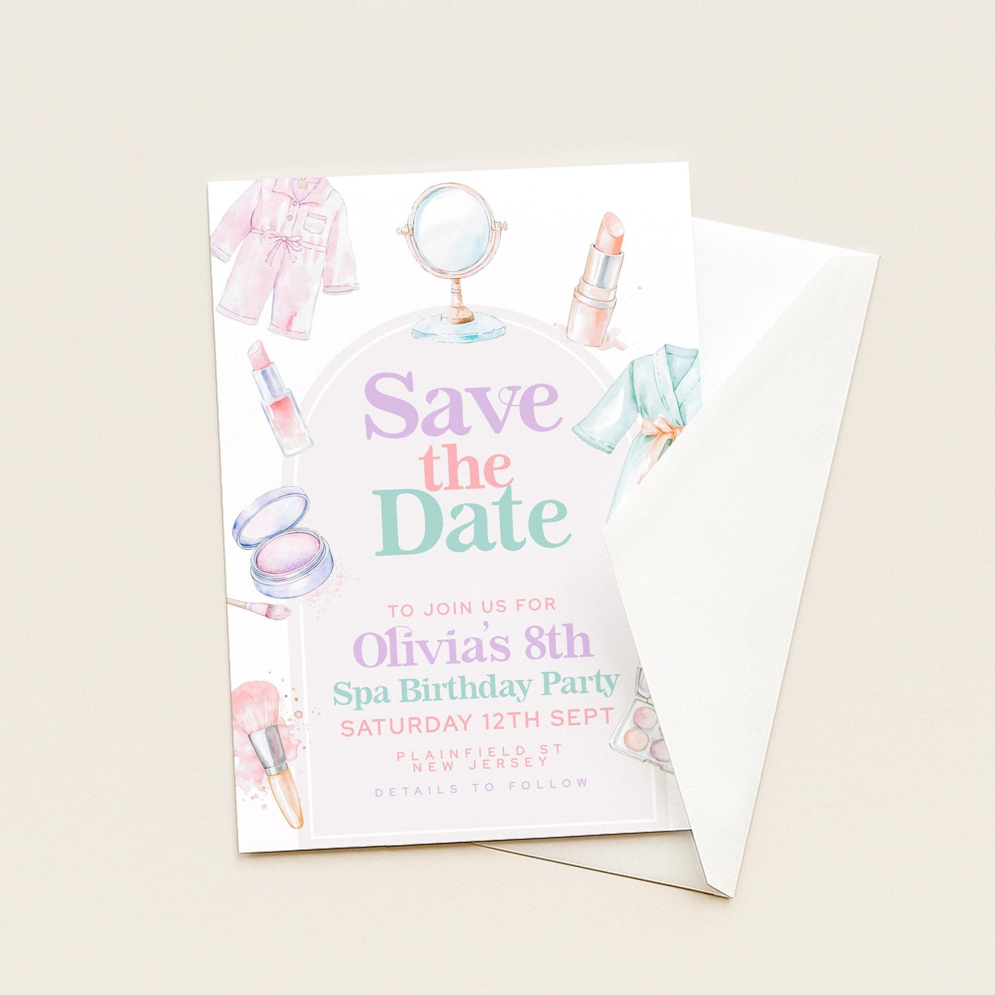 Spa Party Save the Date for Girls – Editable 8th Birthday Card with Watercolor Robes, Makeup & Relaxing Pastel Spa Theme