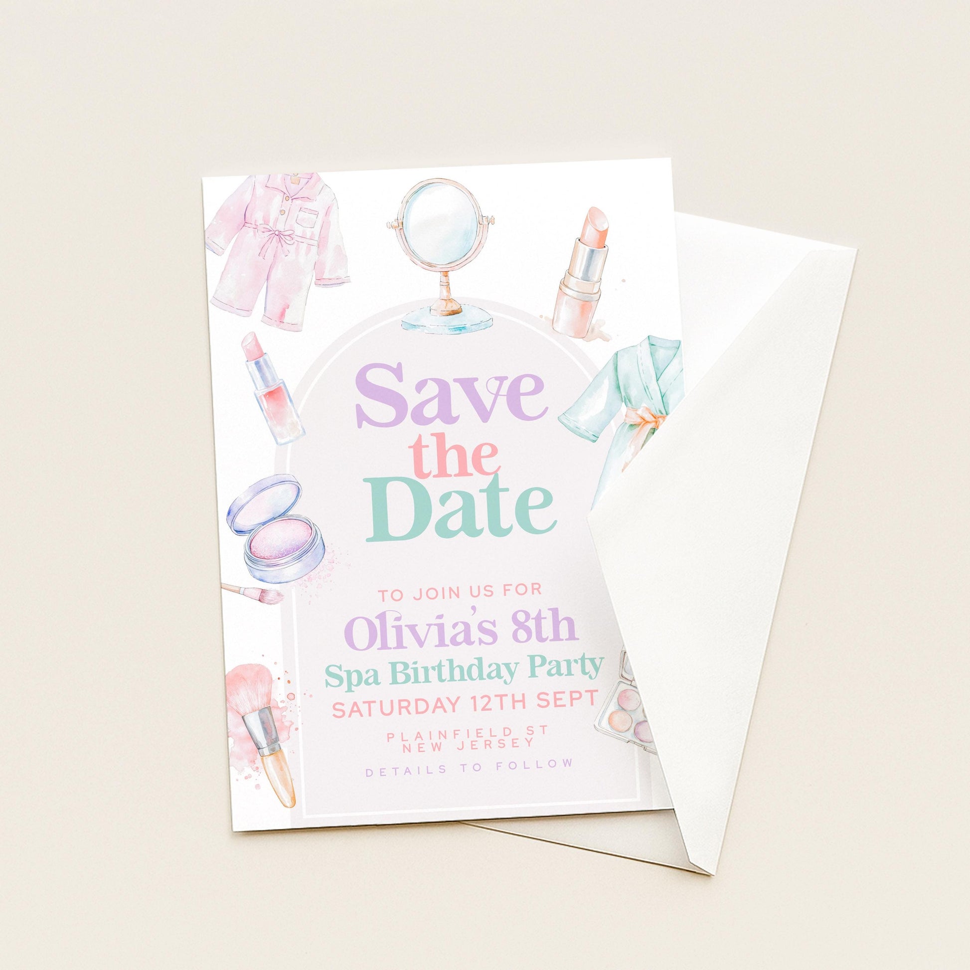 Spa Party Save the Date for Girls – Editable 8th Birthday Card with Watercolor Robes, Makeup & Relaxing Pastel Spa Theme