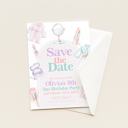 Spa Party Save the Date for Girls – Editable 8th Birthday Card with Watercolor Robes, Makeup & Relaxing Pastel Spa Theme