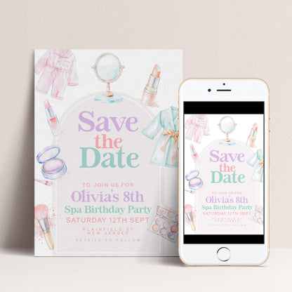 Spa Party Save the Date for Girls – Editable 8th Birthday Card with Watercolor Robes, Makeup & Relaxing Pastel Spa Theme