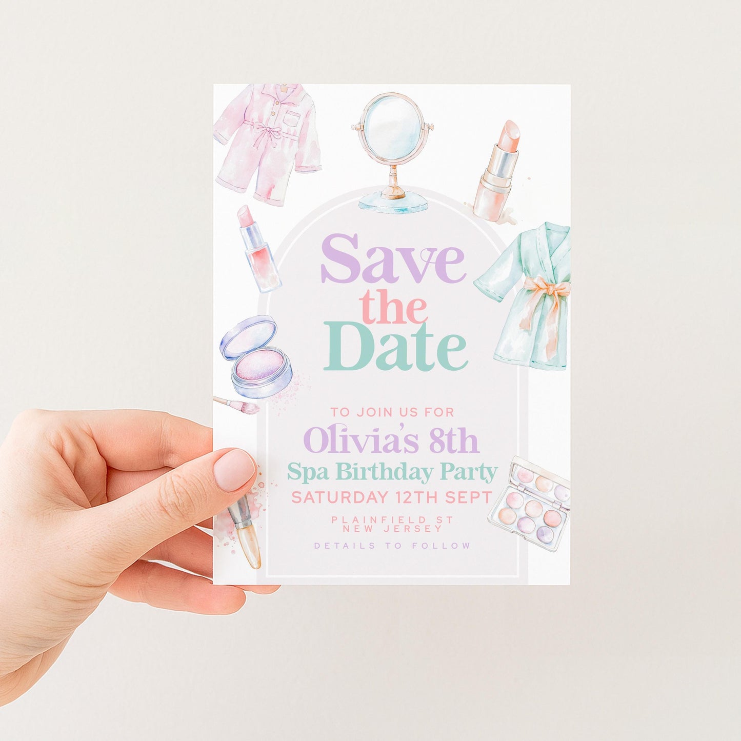Spa Party Save the Date for Girls – Editable 8th Birthday Card with Watercolor Robes, Makeup & Relaxing Pastel Spa Theme
