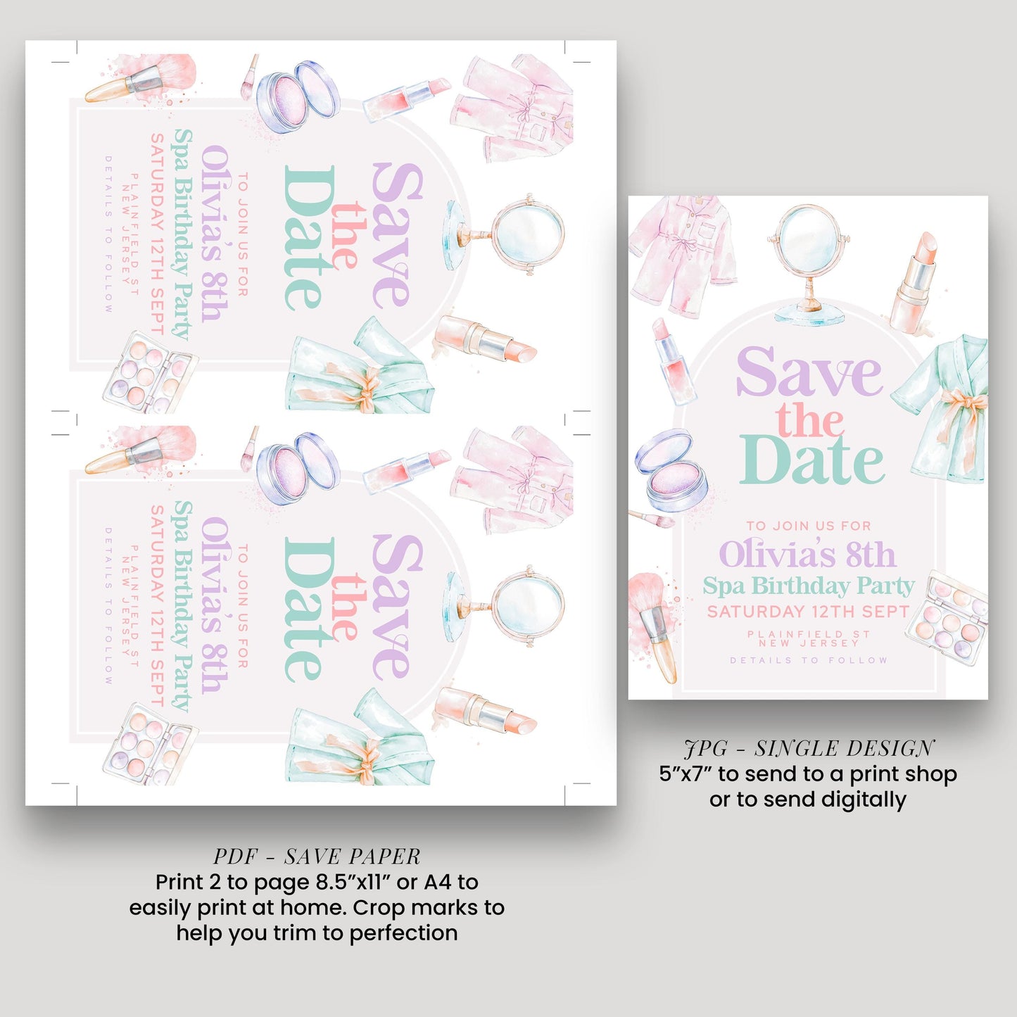 Spa Party Save the Date for Girls – Editable 8th Birthday Card with Watercolor Robes, Makeup & Relaxing Pastel Spa Theme