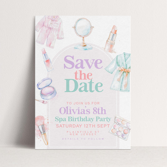 Spa Party Save the Date for Girls – Editable 8th Birthday Card with Watercolor Robes, Makeup & Relaxing Pastel Spa Theme