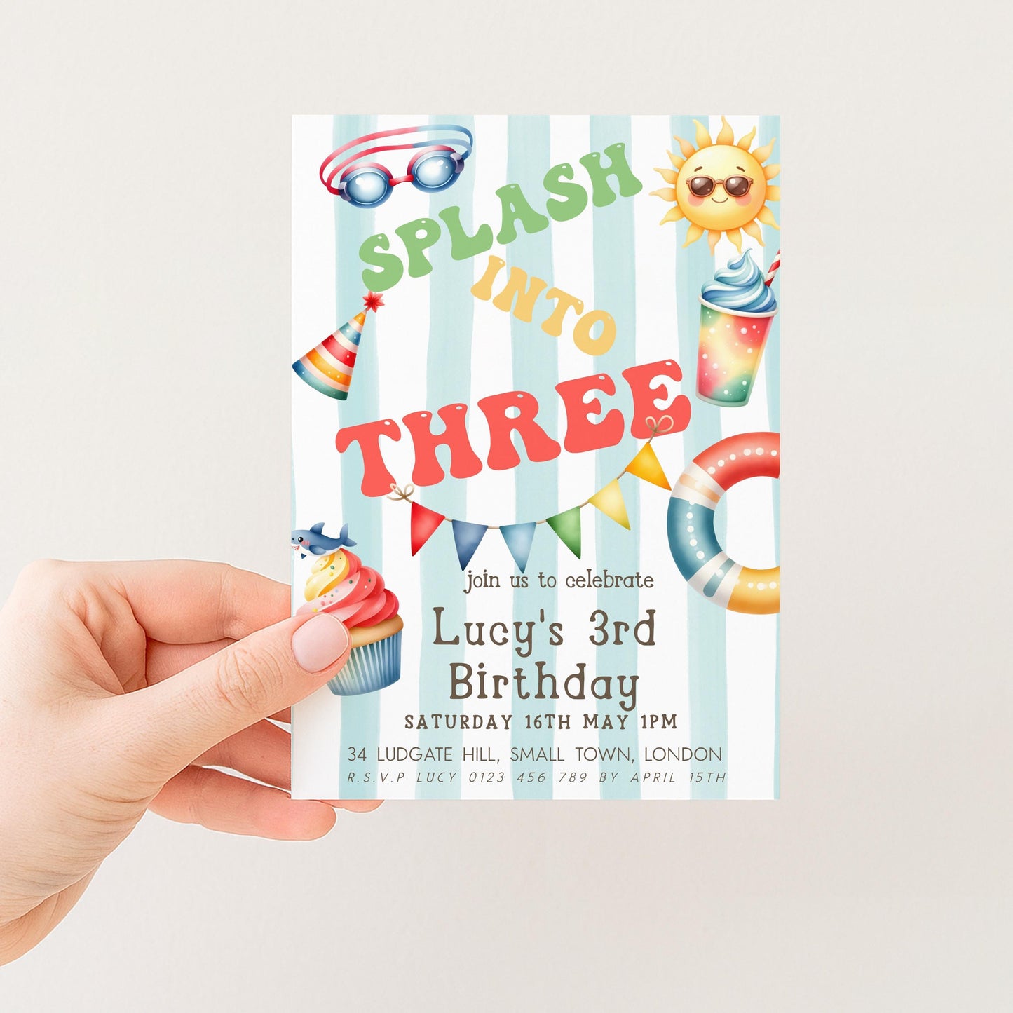 Splash Into Three Birthday Invitation, Editable Pool Party Invite for 3rd Birthday, Summer Water Theme, Corjl Template, Printable Kids Card