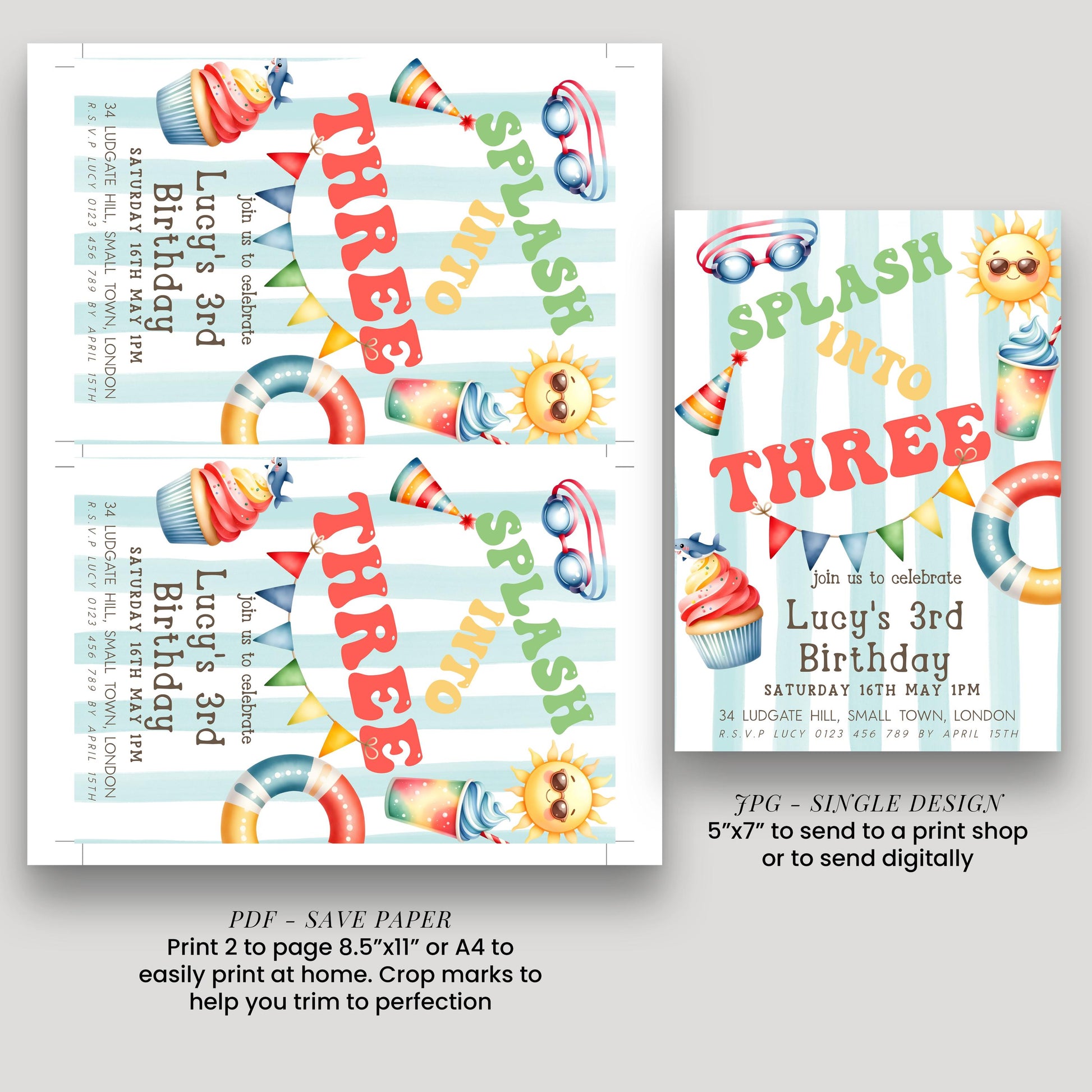 Splash Into Three Birthday Invitation, Editable Pool Party Invite for 3rd Birthday, Summer Water Theme, Corjl Template, Printable Kids Card