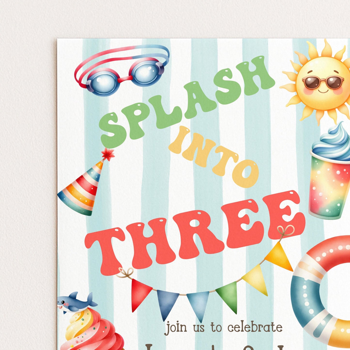 Splash Into Three Birthday Invitation, Editable Pool Party Invite for 3rd Birthday, Summer Water Theme, Corjl Template, Printable Kids Card