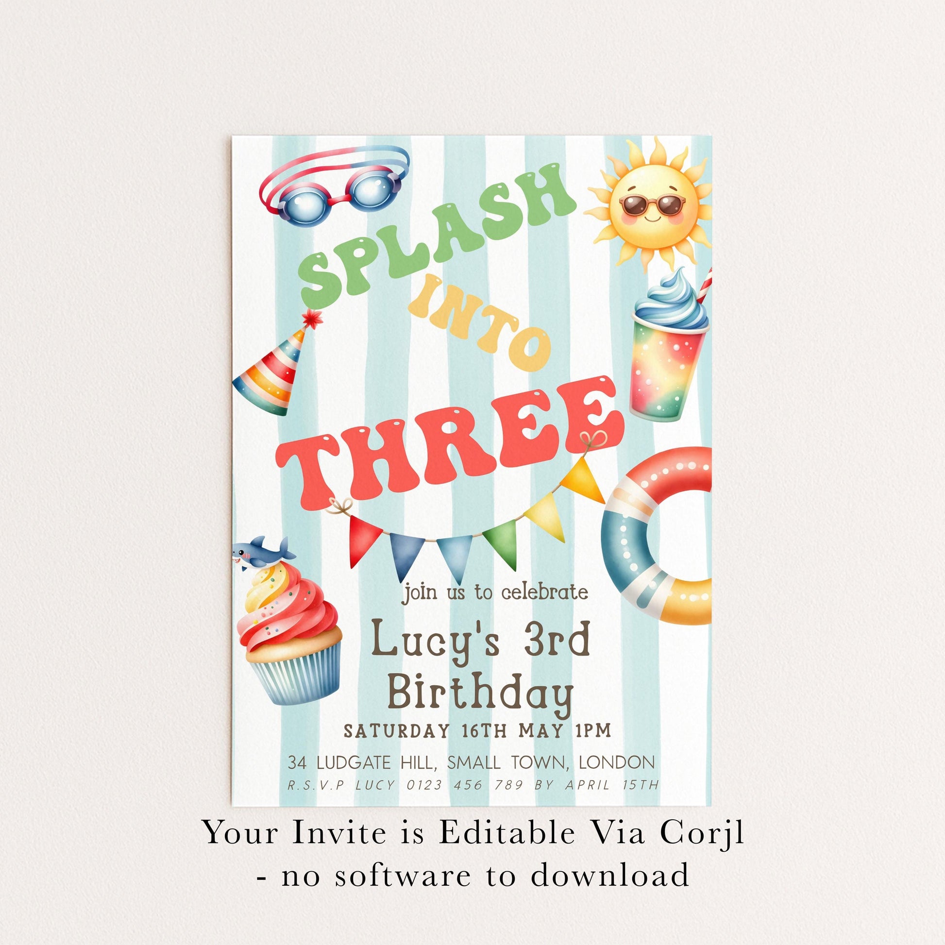 Splash Into Three Birthday Invitation, Editable Pool Party Invite for 3rd Birthday, Summer Water Theme, Corjl Template, Printable Kids Card
