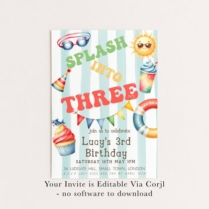Splash Into Three Birthday Invitation, Editable Pool Party Invite for 3rd Birthday, Summer Water Theme, Corjl Template, Printable Kids Card