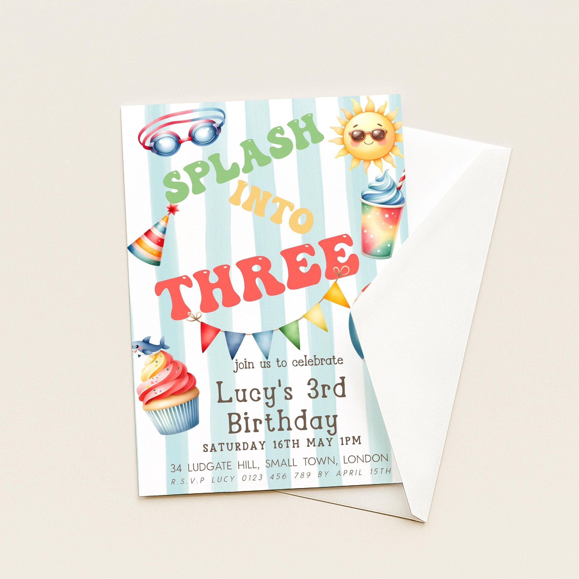 Splash Into Three Birthday Invitation, Editable Pool Party Invite for 3rd Birthday, Summer Water Theme, Corjl Template, Printable Kids Card