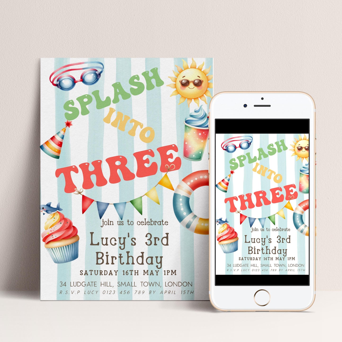 Splash Into Three Birthday Invitation, Editable Pool Party Invite for 3rd Birthday, Summer Water Theme, Corjl Template, Printable Kids Card
