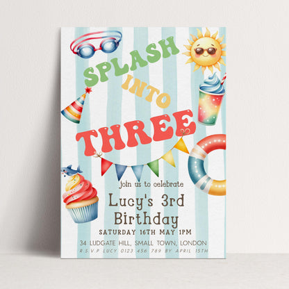 Splash Into Three Birthday Invitation, Editable Pool Party Invite for 3rd Birthday, Summer Water Theme, Corjl Template, Printable Kids Card
